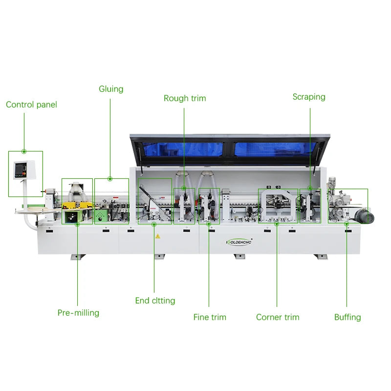 Automatic 8 Function PVC MDF Wood Edge Banding Machine Pre-milling Corner Trimming Grooving Edge Bander Machinery